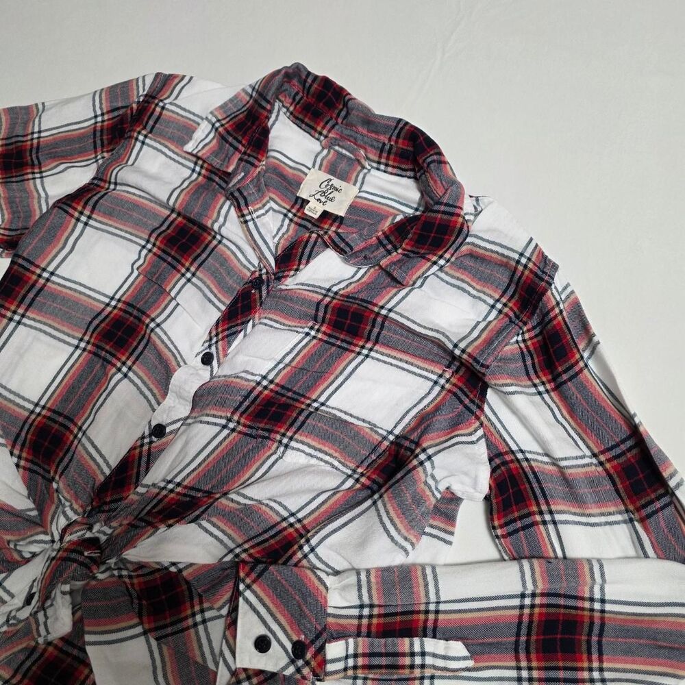 Cosmic Blue Love Plaid button down shirt women's large